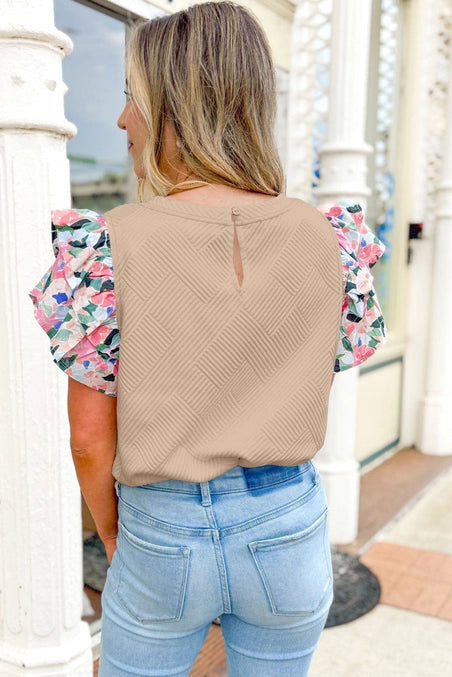 Abstract Print Tiered Ruffled Sleeve Textured Knit Top