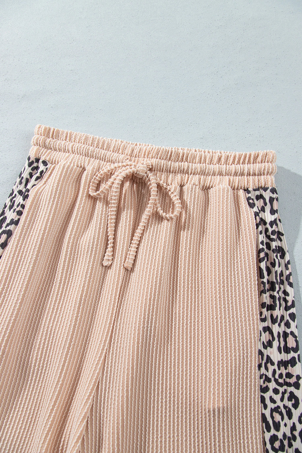 Parchment Leopard Print Twisted Ribbed Patchwork Long Sleeve Top Loose Pant Set