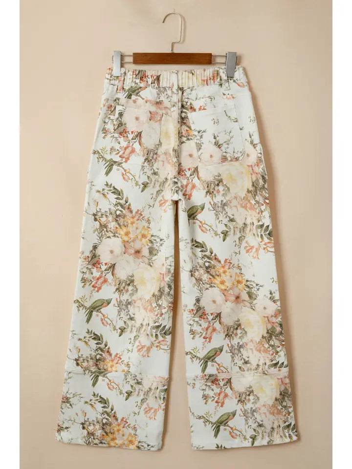 Beige Vintage Style Floral Print High Waist Wide Leg Jeans