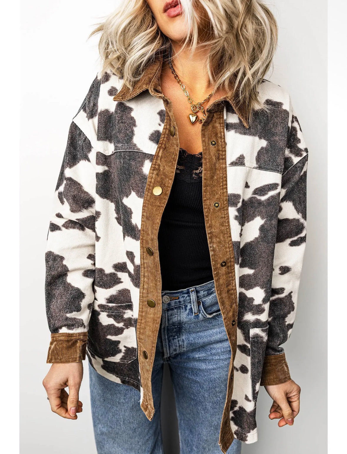Western Cow Print Denim Shacket