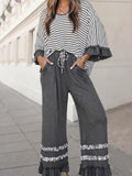 Striped V Neck Ruffle Contrast Sleeve Pants 2pcs Set