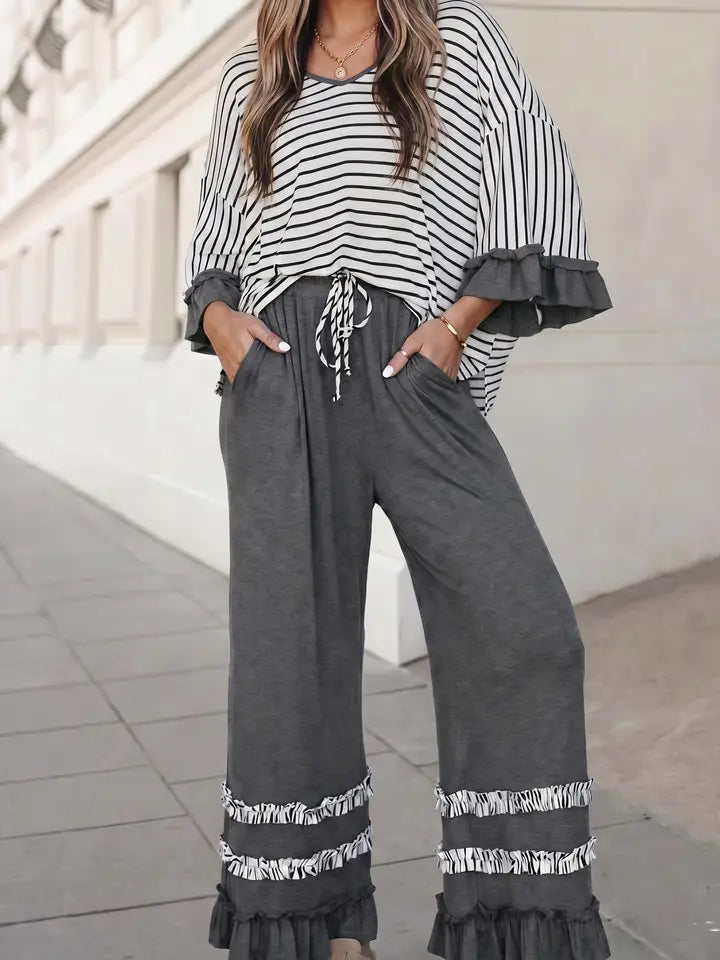 Striped V Neck Ruffle Contrast Sleeve Pants 2pcs Set