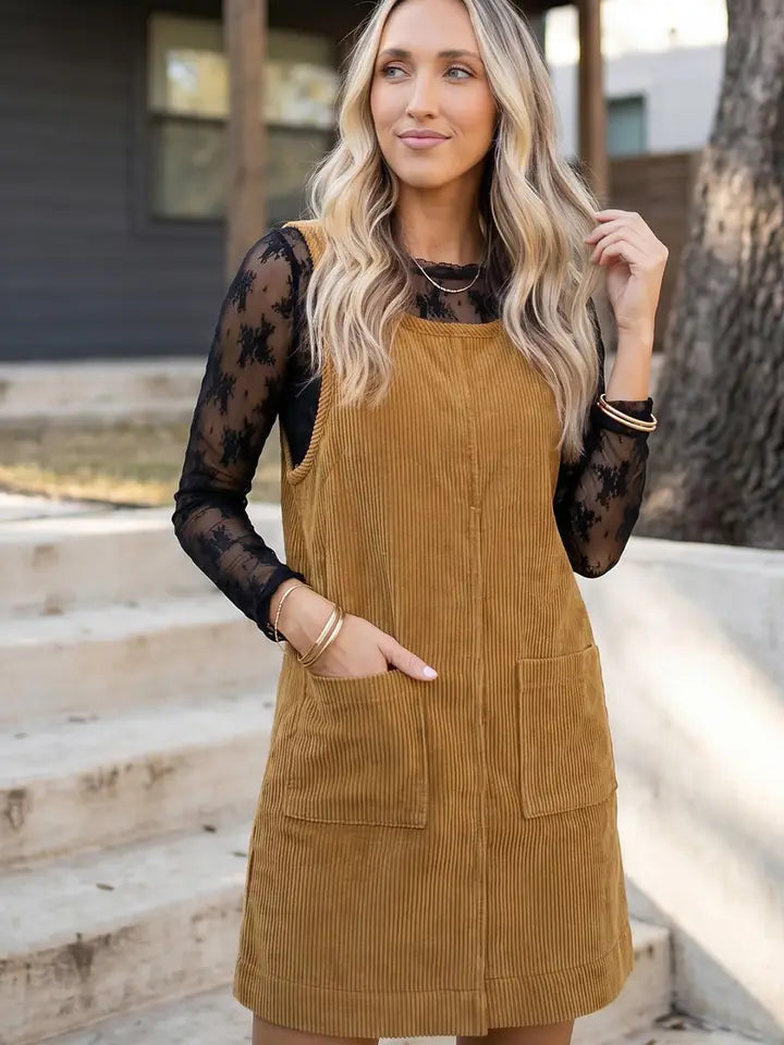 Corduroy Sleeveless Mini Dress with Patched Pockets