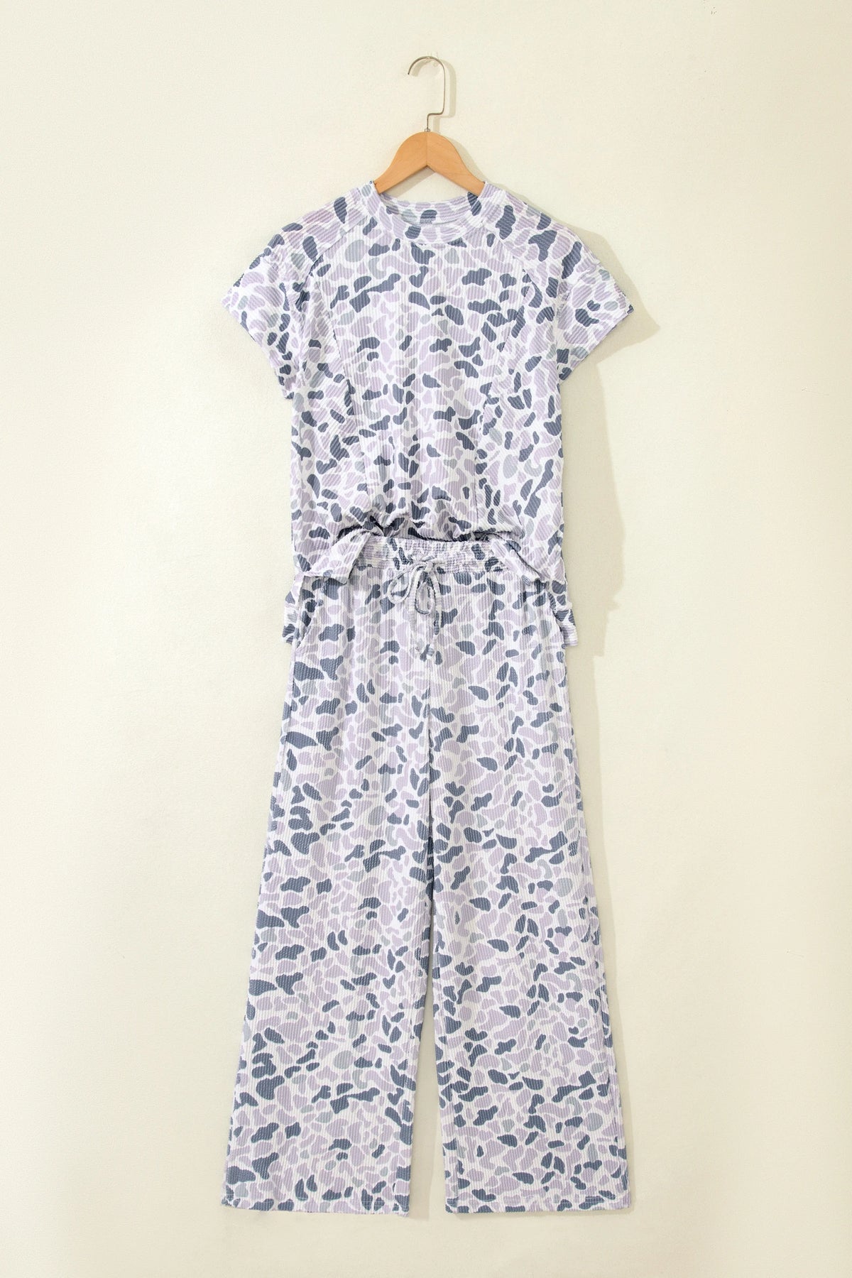 Beige Camouflage Print Twisted Rib Loose Tee Drawstring Pants Set