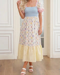 Floral Print Patchwork Square Neck Shirred Long Dress