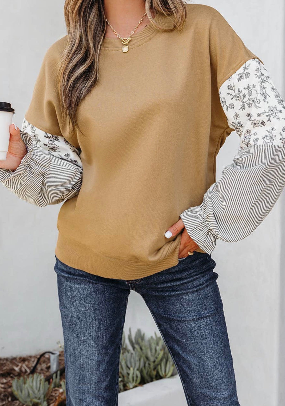 Floral Stripe Patchwork Crew Neck Sweatshirt