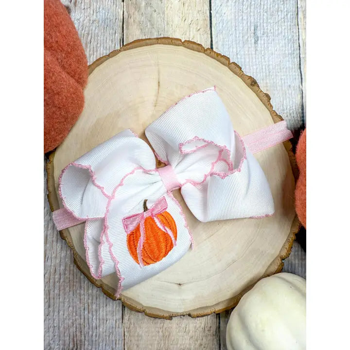 Coquette Pumpkin Embroidered Moonstitch Hair Bow | Clip or Headband