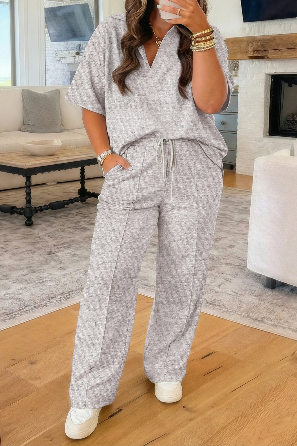 Light Grey Polo Collar V Neck Pullover and Drawstring Sweatpants Set