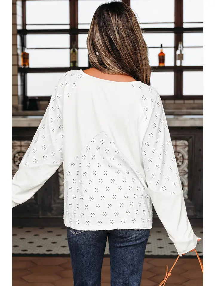 Corded Knit Patchwork Embroidered V-Neck Blouse