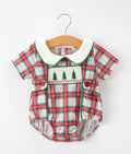 Christmas Tree Plaid Boys Romper Peter Pan Collar Smocked