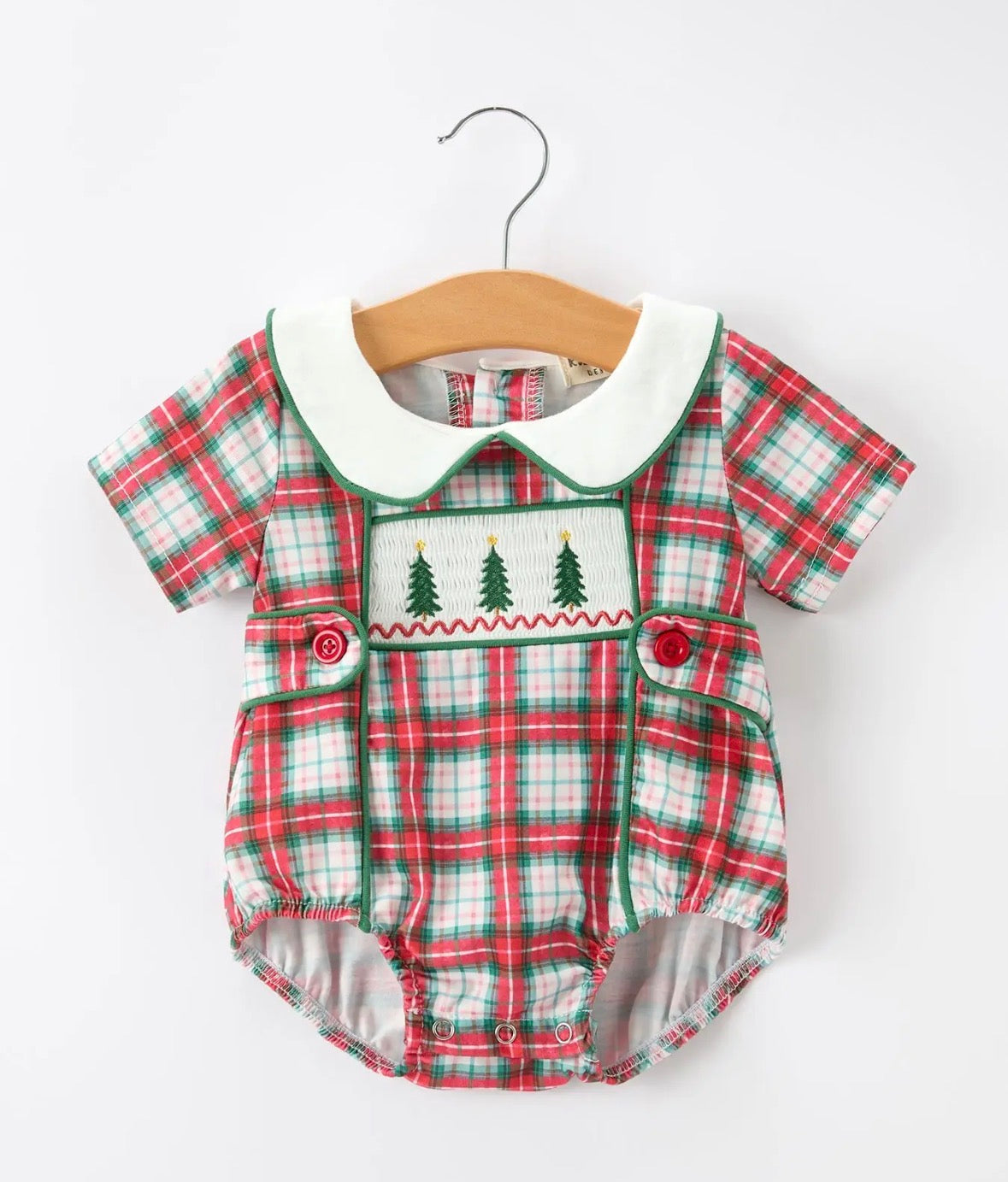 Christmas Tree Plaid Boys Romper Peter Pan Collar Smocked