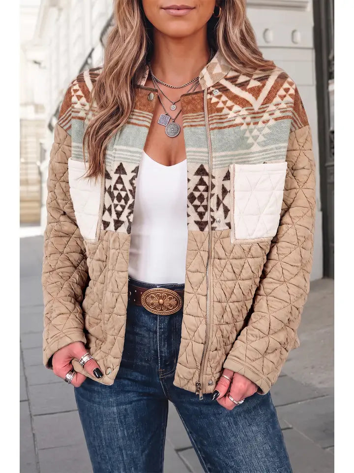 Fashion Western Patchwork Mock Neck Jacket