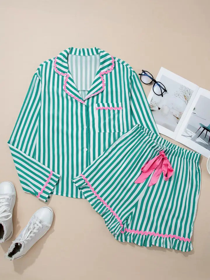 Green Stripe Contrast Ricrac Trim Long Sleeve Shirt Drawstring Ruffled Pajama Short Set