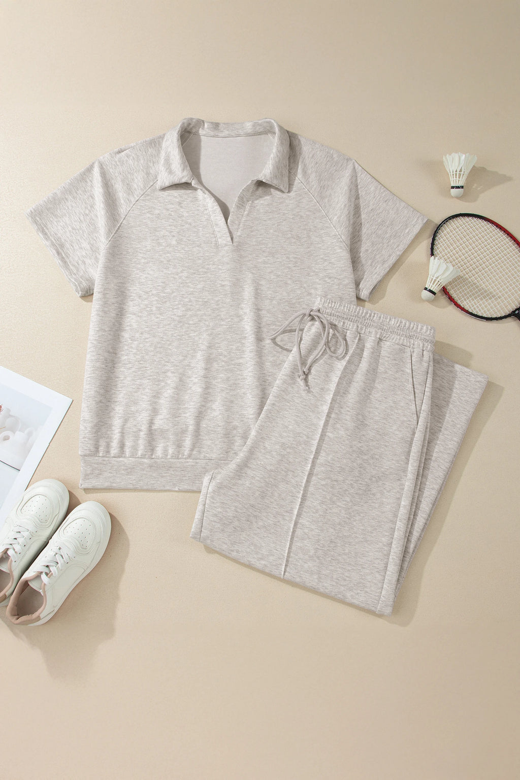 Light Grey Polo Collar V Neck Pullover and Drawstring Sweatpants Set