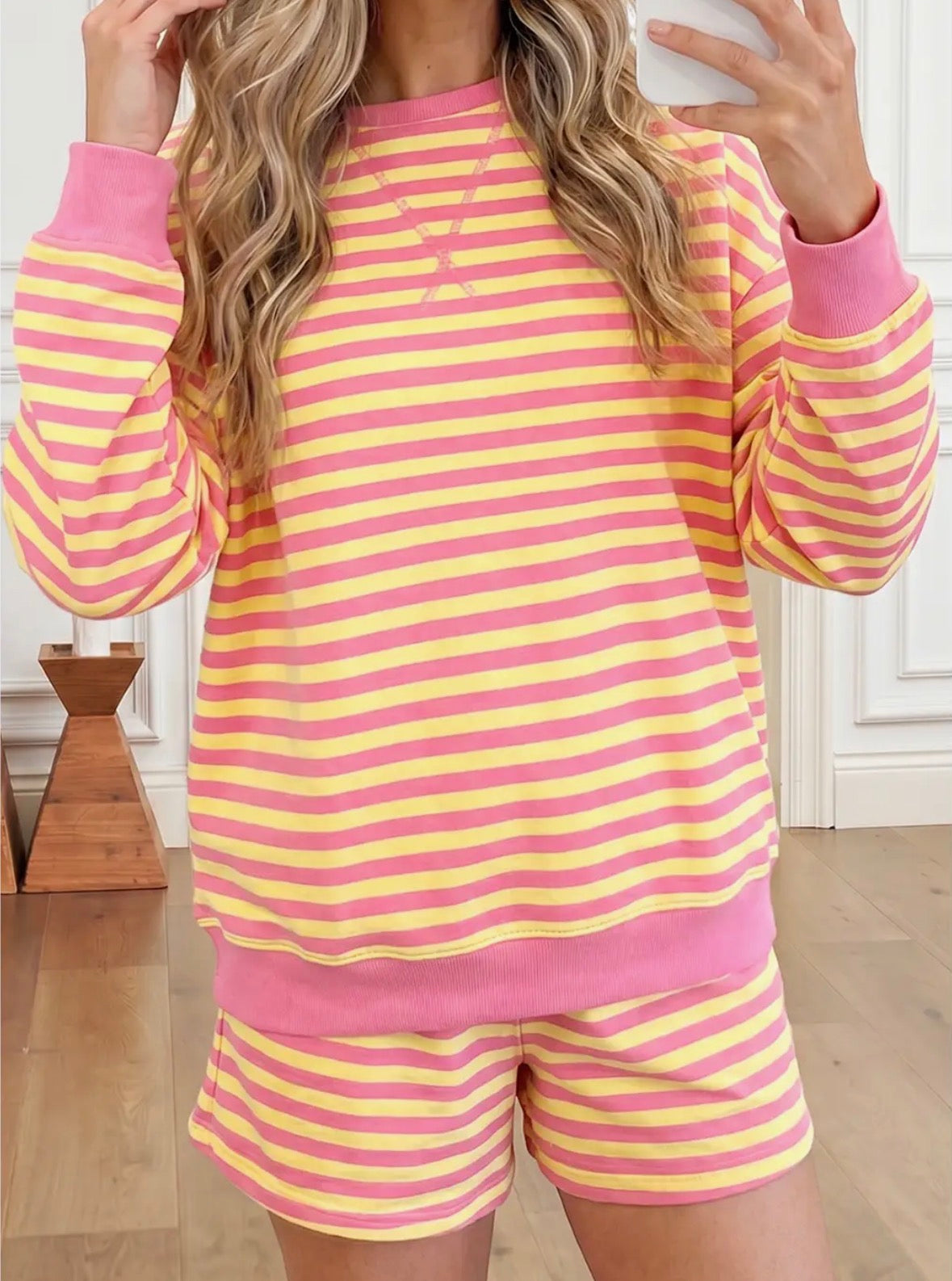 Stripe Trim Round Neck Long Sleeve Top Shorts Set