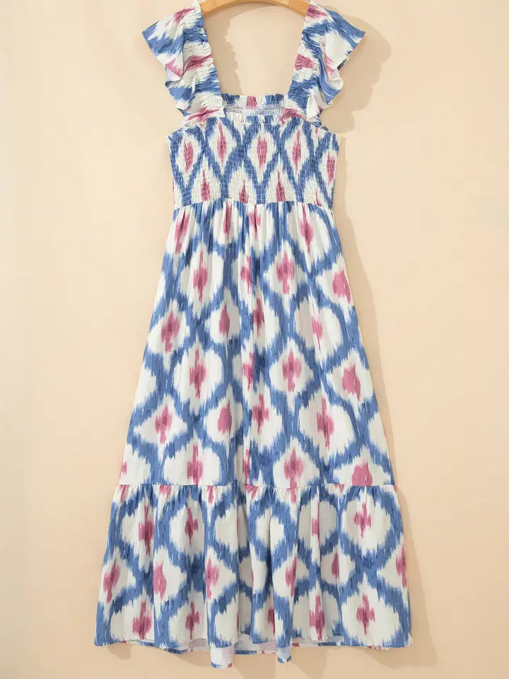 Boho Geometric Smocked Square Neck Ruffle Dress