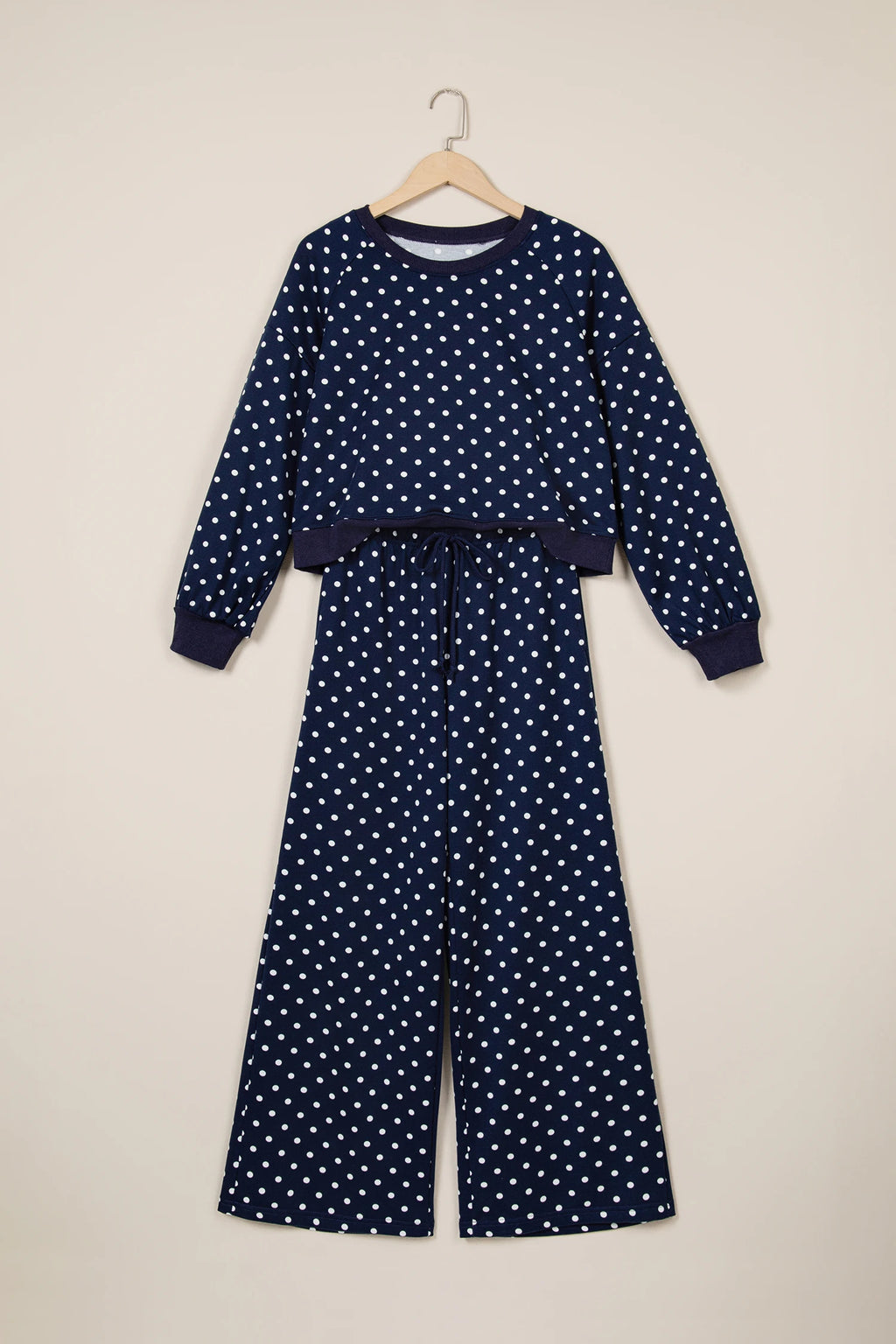 Polka Dot Drawstring Wide Leg Long Sleeve Top Pant Set