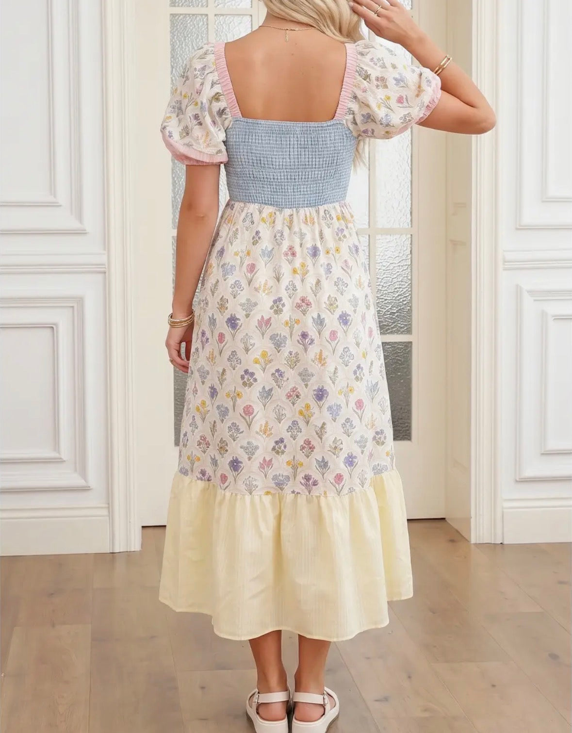 Floral Print Patchwork Square Neck Shirred Long Dress