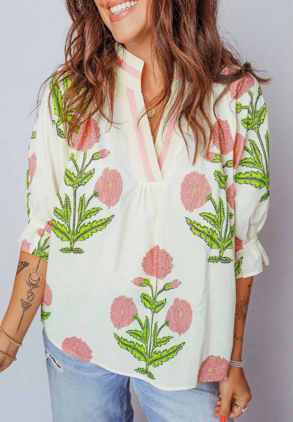 Wild Flower Print V Neck 3/4 Sleeve Blouse