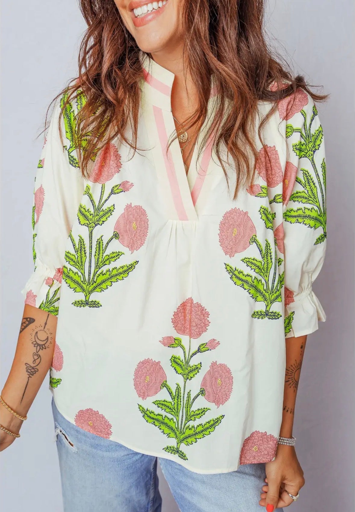 Wild Flower Print V Neck 3/4 Sleeve Blouse