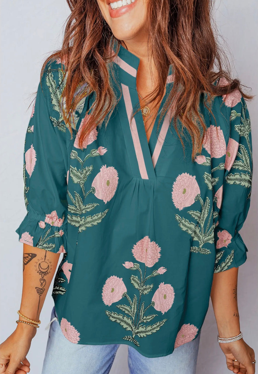 Wild Flower Print V Neck 3/4 Sleeve Blouse