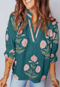 Wild Flower Print V Neck 3/4 Sleeve Blouse