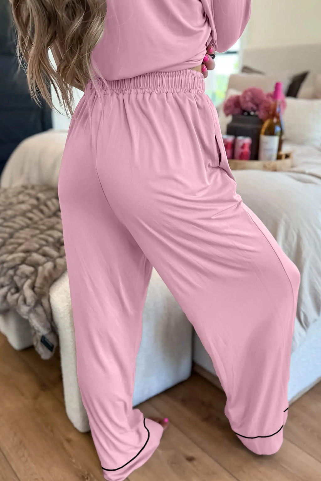 Delicacy Contrast Piping Trim Lapel Button Down Top Lounge Pajama Set