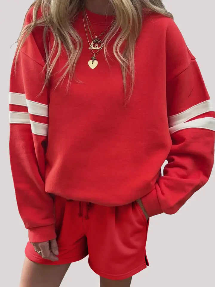 Varsity Striped Sleeve Drop Shoulder Sweatshirt Short Set