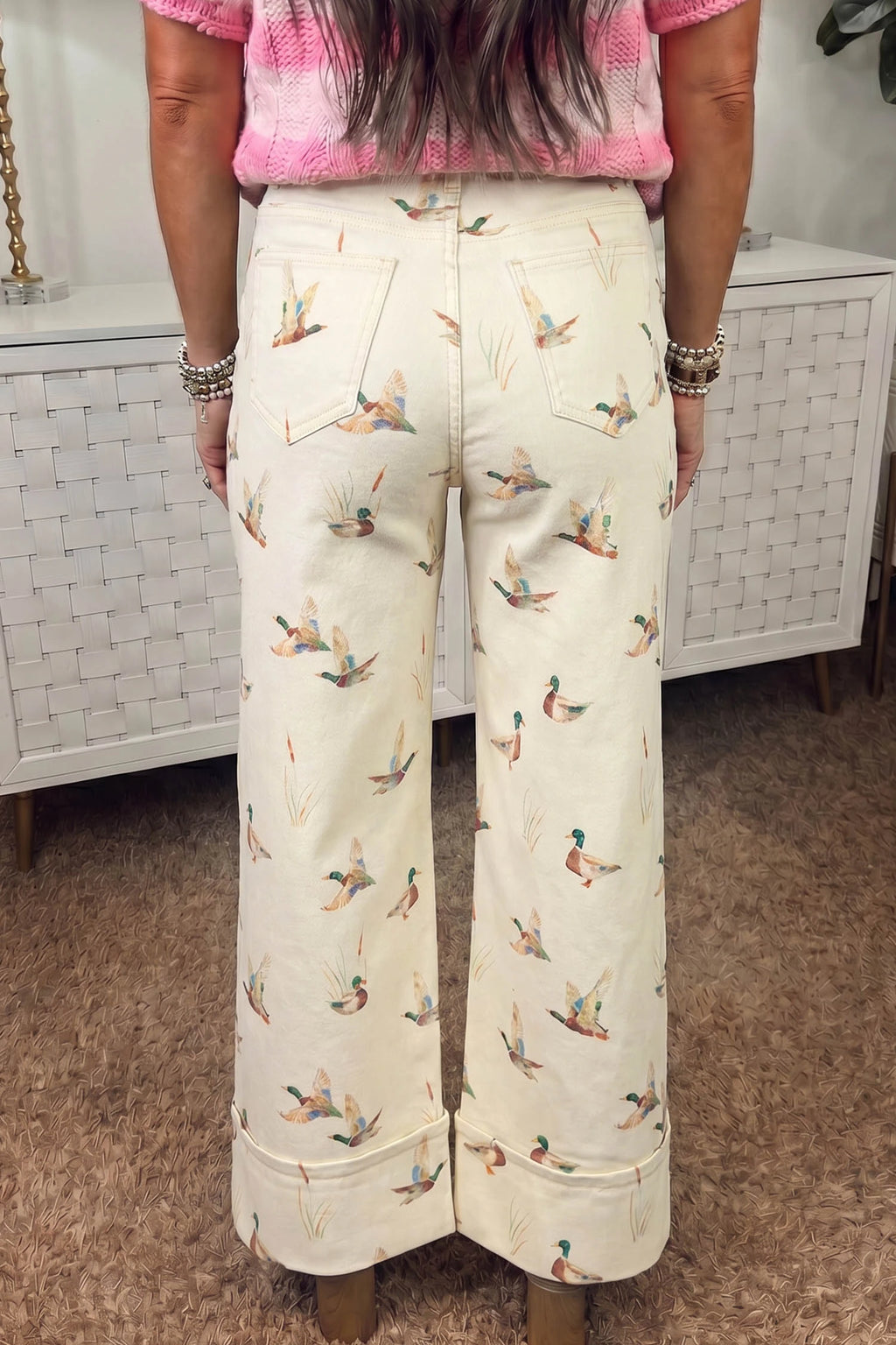 Beige Stylish Mallard Printed Cuffed Hem Shift Jeans
