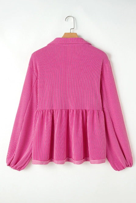 Corded Turn-Down V Neck Bubble Sleeve Babydoll Blouse