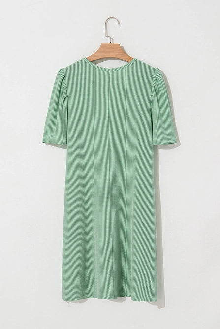 Corded Knit Crew Neck Puff Sleeve Shift Mini Dress