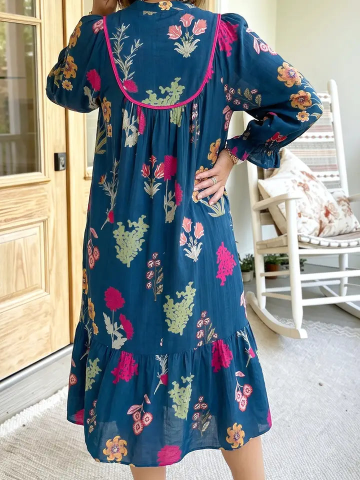 Floral Smocked 3/4 Sleeve Midi Dress