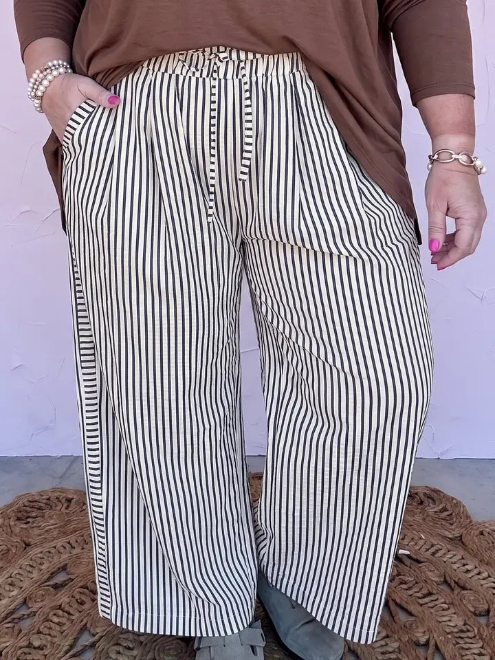 Black Stripe Plus Size Tie Waist Loose Pants