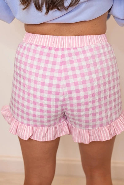 Gingham Print Ruffle Striped Detail Lace Tie Shorts