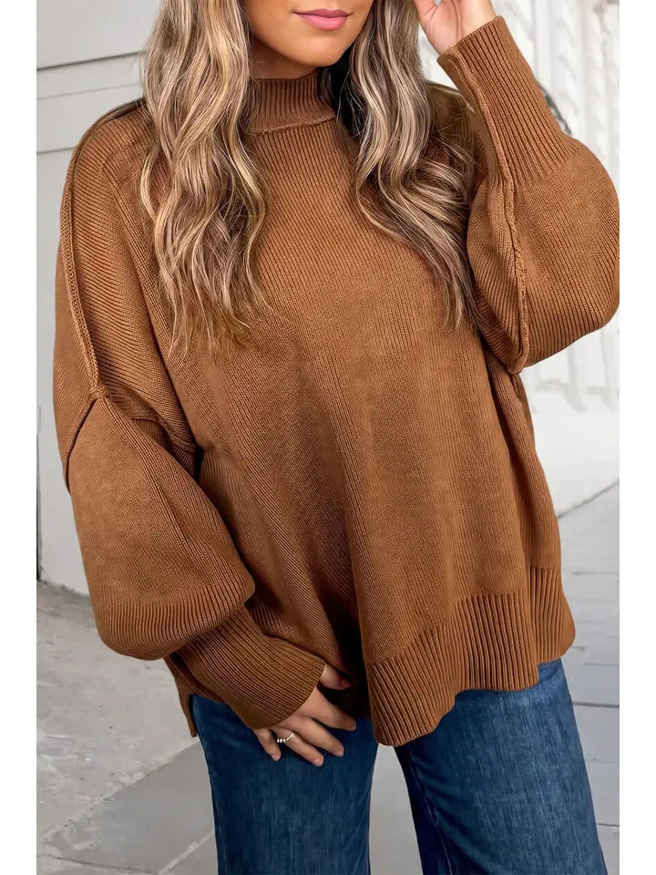 Solid Ribbed Mock Neck Knit Sweater - Plus Only