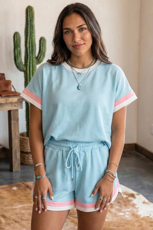 Striped Trim Casual Tee Drawstring Shorts Set