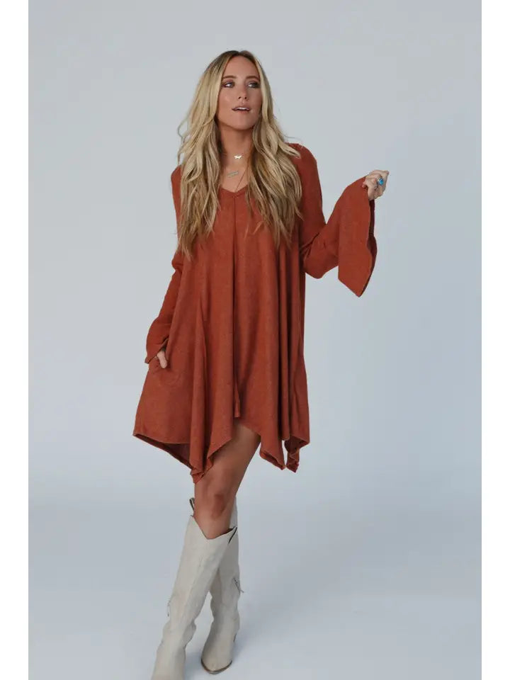 Golden Hour Long Bell Sleeve Dress - Rust