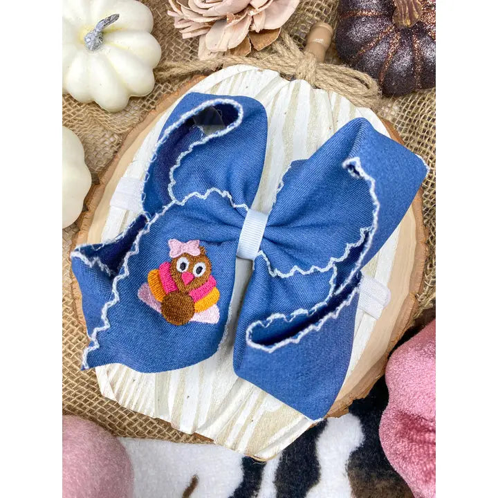 Turkey Moonstitch On Denim Hair Bow | Clip