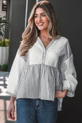 Stripe Patchwork 3/4 Sleeve Babydoll Blouse