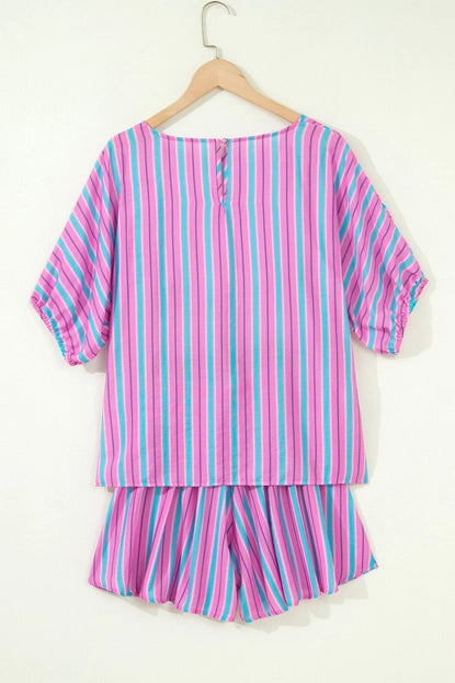 Pink Stripe Puff Sleeve Two Piece Shorts Set