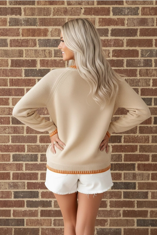 Pumpkin Floral Embroidered Long Sleeve Sweater