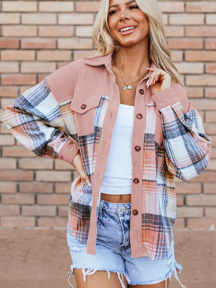 Plaid Corduroy Patchwork Chest Pocket Shacket