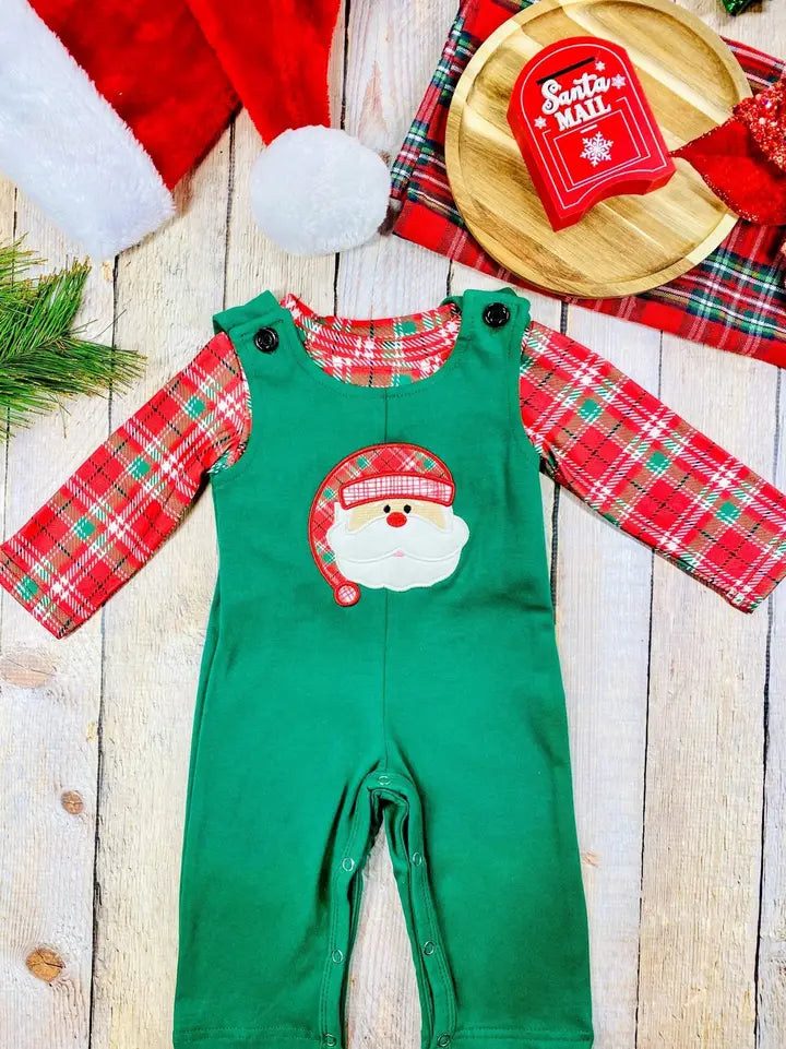 Green Plaid Santa Boys Overall Set