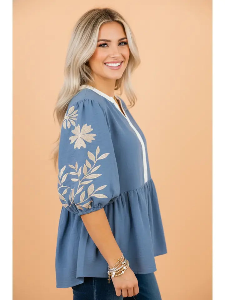 Floral Embroidered Colorblock Puff Sleeve Blouse