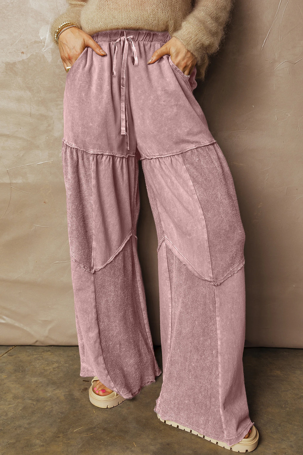Careys Mineral Wash Tiered Wide Leg Patchwork Drawstring Pants