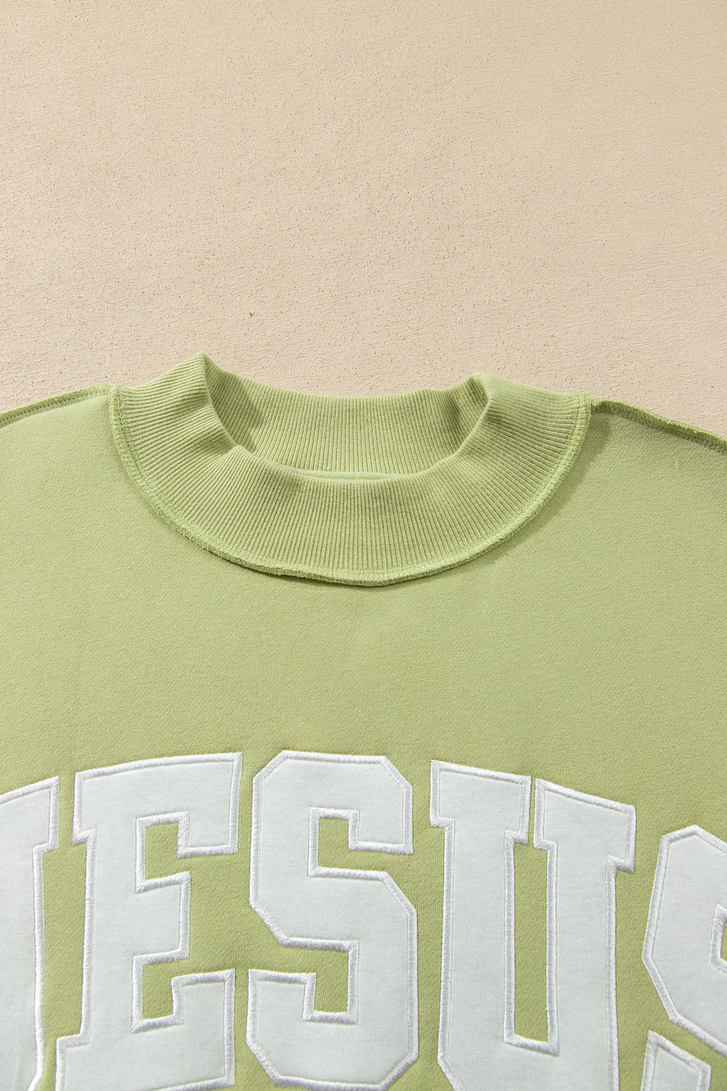 Meadow Mist Green JESUS Letter Patch Graphic Exposed Seam Mock Neck Baggy Sweatshirt