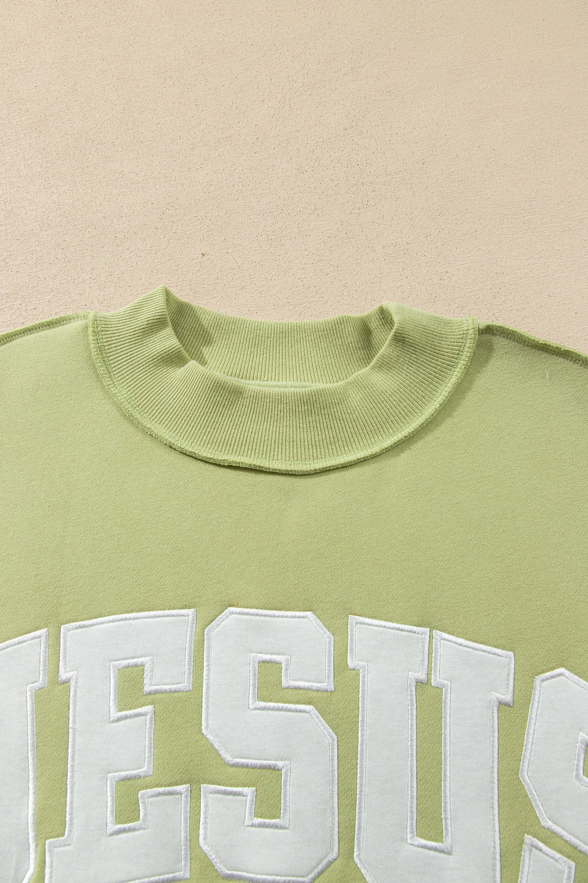 Meadow Mist Green JESUS Letter Patch Graphic Exposed Seam Mock Neck Baggy Sweatshirt
