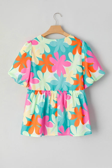 Gabie | Floral Print Bubble Sleeve V Neck Peplum Blouse