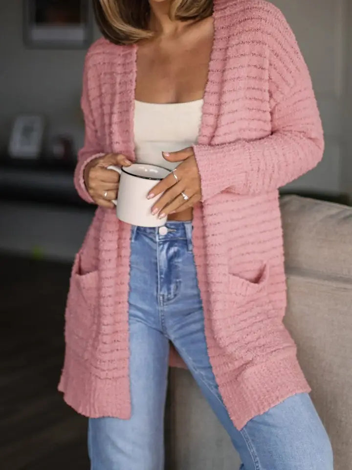 Light Pink Open Front Soft Fuzzy Ribbed Sweater Cardigan
