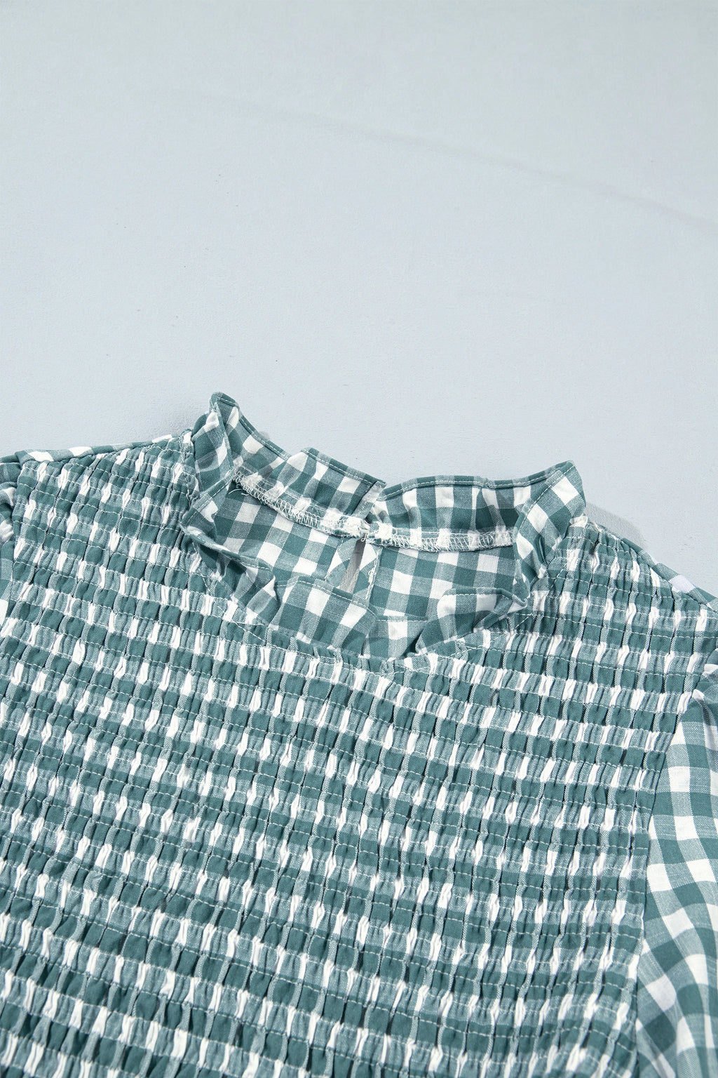 Green 3/4 Sleeve Shirred Plaid Peplum Top